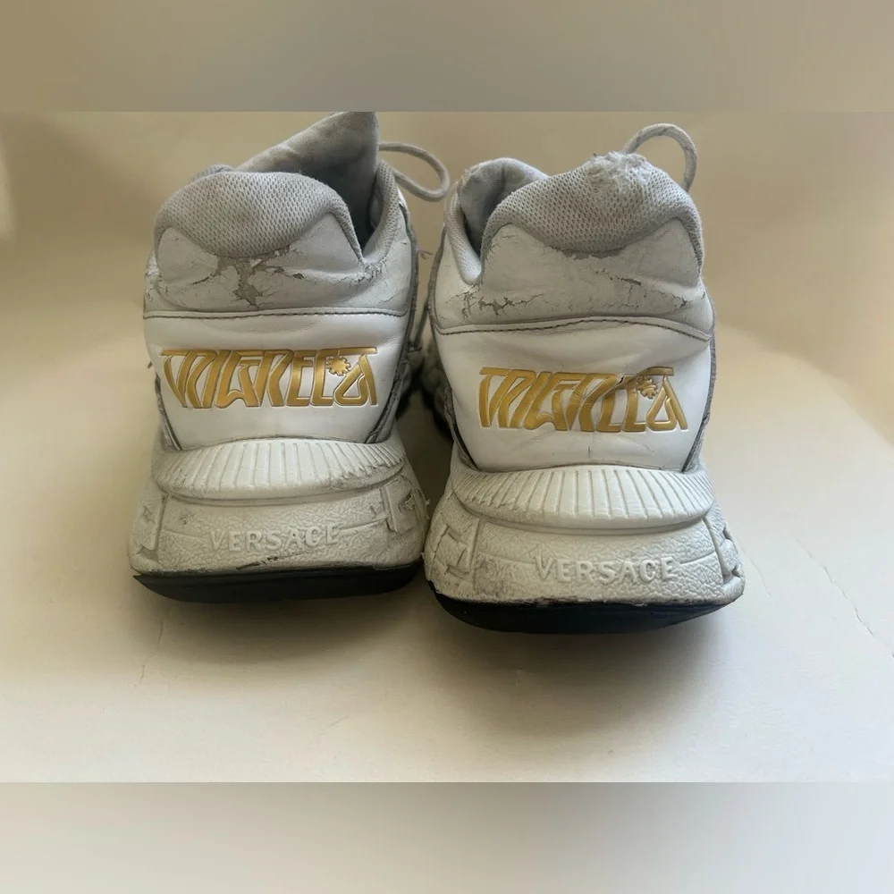 Versace White and Gray Men's Runner Sneakers with Gold Accents